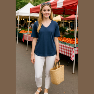 Denim & Co. blue V-Neck Tee T-Shirt Large L